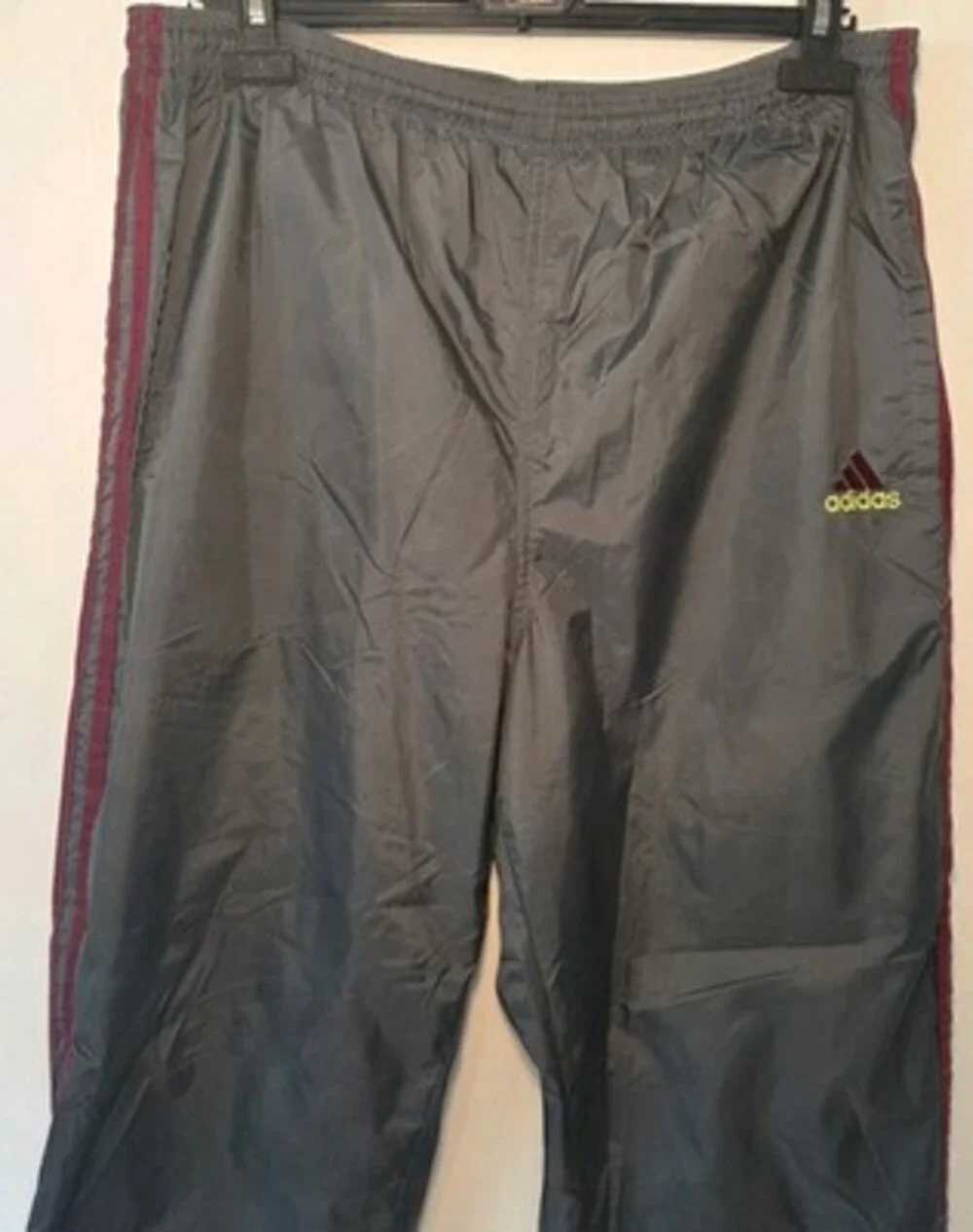 Vtg Y2K Adidas Track Pants Sz L Gray Stripes Nylon Lined Burgundy Yellow Logo